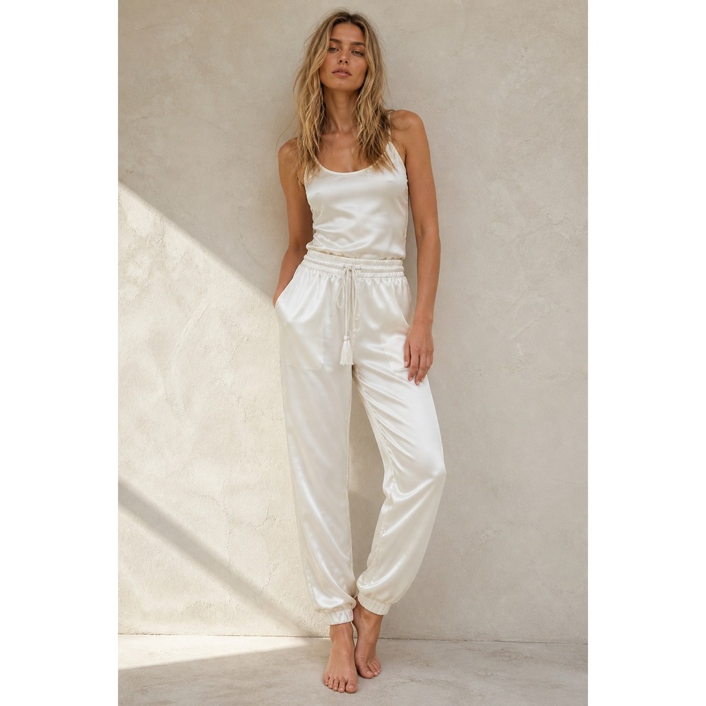 Badgley Mischka XS Satin Joggers Ivory Tassel Drawstring Luxe Resort Loungewear